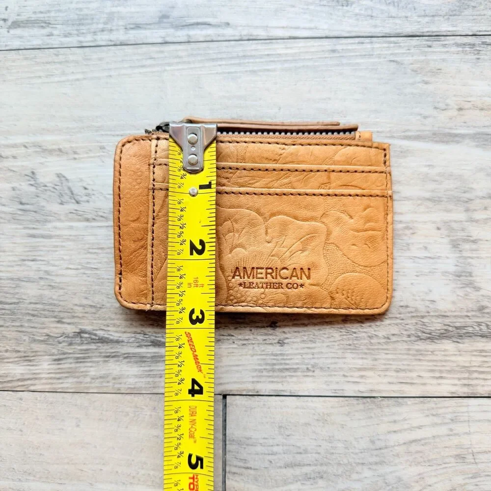 American Leather Co Tan Floral Embossed Leather Zip Card Holder ID Wallet